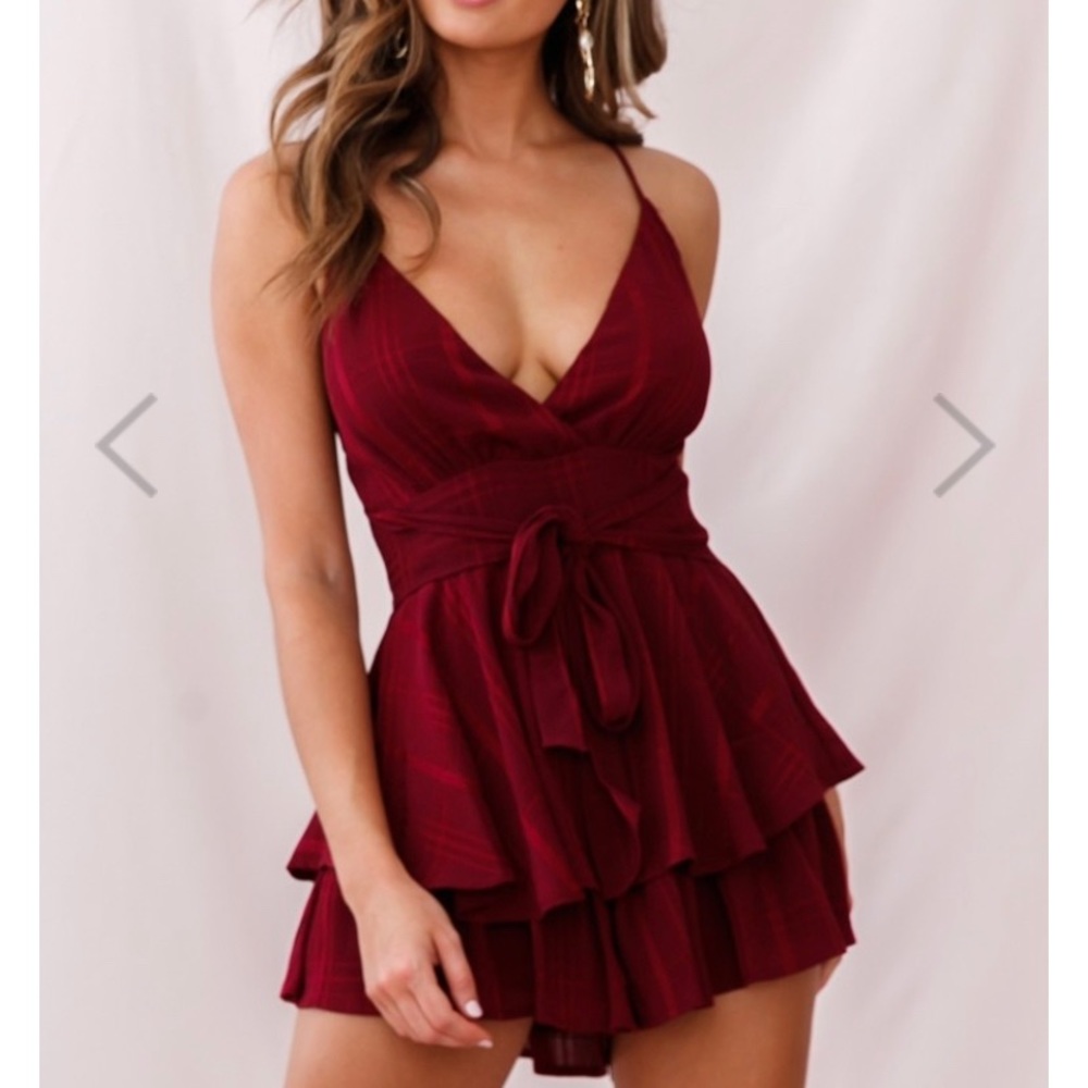 Women’s Burgundy Ruffle Tiered Mini Dress with Tie Waist